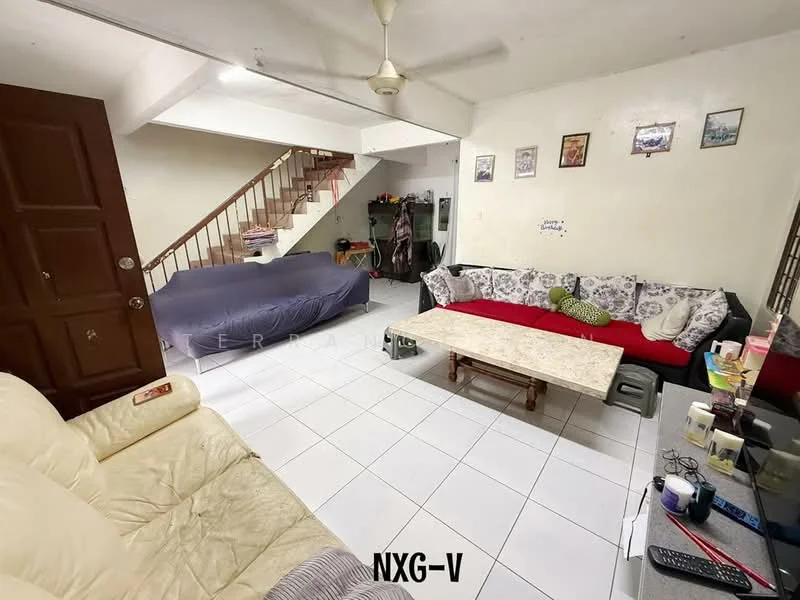 Living features: white painted walls, white tiled flooring, ceiling fan, 3-seater fabric sofa in cream, 2-seater fabric sofa with patterned cushions, coffee table, area rug, staircase leading to upper floor, decorative wall art, TV console, wall-mounted TV, open layout; style: modern. Room features: grey fabric bed, white walls, white tiled flooring.