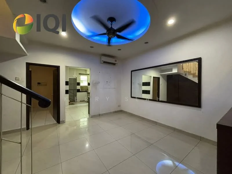 Living features: white painted walls, glossy tile flooring, 5-blade ceiling fan with integrated LED light, recessed lighting, large wall mirror, air conditioning unit, open layout, neutral color scheme; style: modern. Room features: doorway leading to kitchen, staircase visible in background.