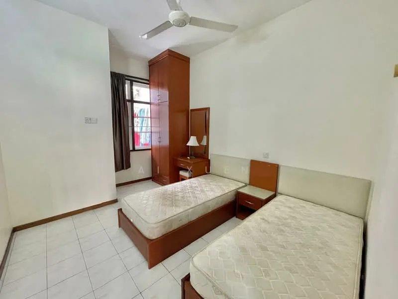 Bedroom features: two single beds with upholstered headboards, wooden bed frames, built-in wardrobe with wooden finish, study desk with lamp, window with sheer curtains, white painted walls, tile flooring, ceiling fan; style: minimalist.