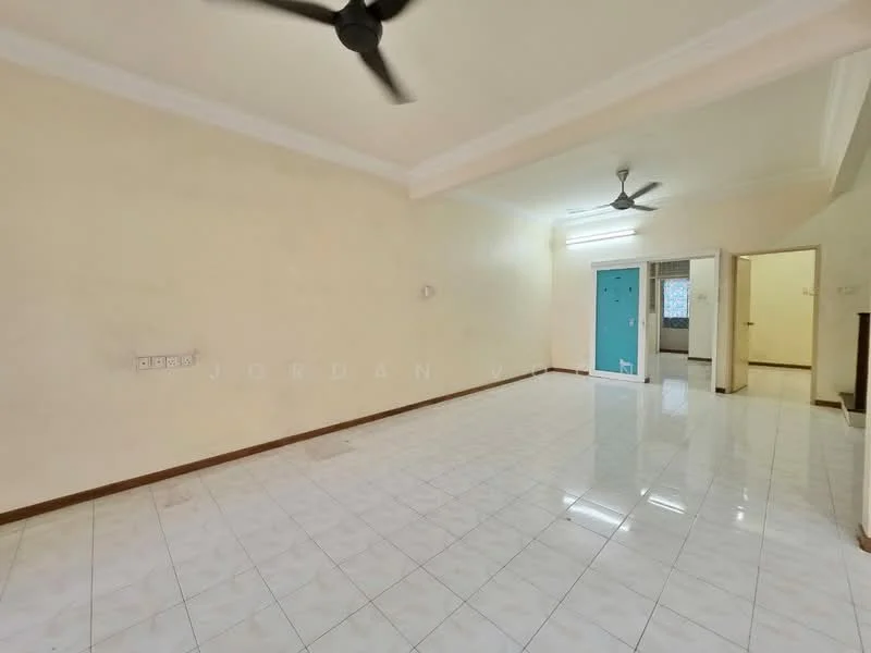 Living features: white painted walls, glossy white tile flooring, ceiling with crown moulding, 5-blade ceiling fan, large windows, doorway leading to another room, light switch panels, neutral color scheme.