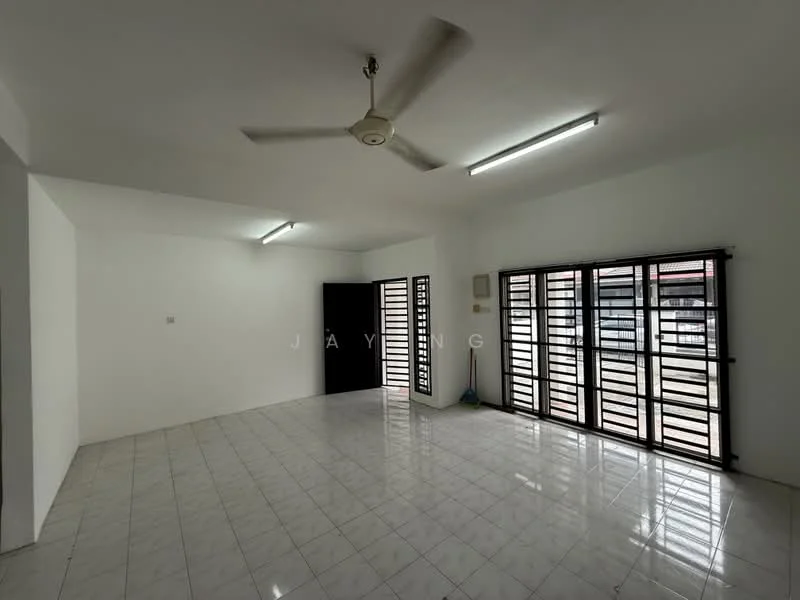Room features: white painted walls, glossy white tile flooring, ceiling fan, 2 fluorescent ceiling lights, black security door, grilled windows, multiple window panels, open layout; style: modern.