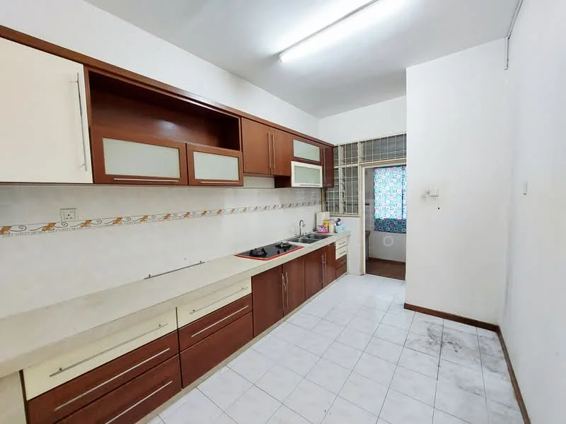 Kitchen features: brown wooden cabinetry, white laminate countertop, single-bowl stainless-steel sink, chrome pull-down faucet, built-in gas hob, wall-mounted kitchen cabinets, tile backsplash, ceramic tile flooring, fluorescent ceiling lights, window with patterned curtain, door leading to utility area; style: modern.