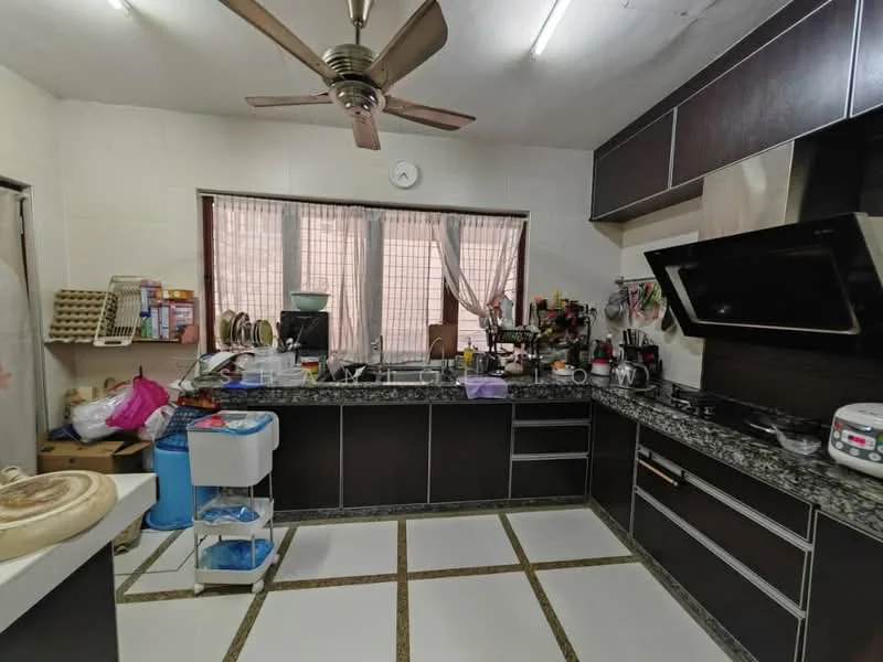 Kitchen features: black cabinetry, granite countertop, stainless-steel sink, chrome pull-down faucet, built-in oven, freestanding range oven, microwave, ceiling fan, tile flooring, window with sheer curtains, kitchen island, open shelving, various kitchen utensils and appliances; style: modern.
