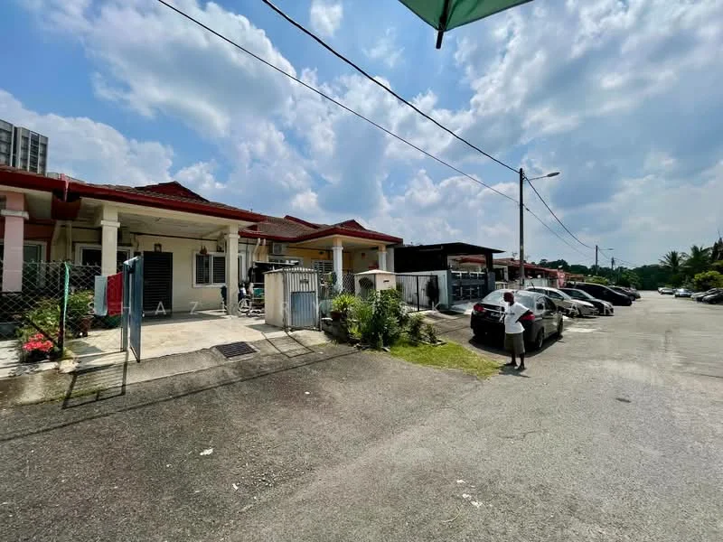 Exterior type: linked terrace house; features: single-storey, red tiled roof, cream painted facade, front porch with gate, manicured lawn, paved driveway, surrounded by greenery, street view with parked cars, sidewalk, power lines visible; style: modern.