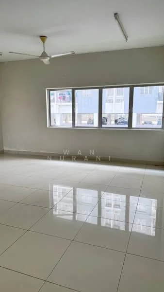 Room features: white painted walls, glossy white tile flooring, ceiling fan, large windows, natural light, neutral color scheme, no visible furniture, spacious layout; style: modern.