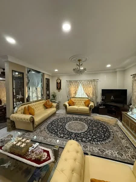 Living features: cream leather sofa, 2-seater cream leather sofa, 3-seater cream leather sofa, decorative throw pillows in orange, large area rug with intricate pattern, glass coffee table, wall-mounted TV, wooden TV console, chandelier with multiple bulbs, recessed downlights, curtains with floral pattern, crown moulding on ceiling, wall clock, decorative wall art; style: traditional.