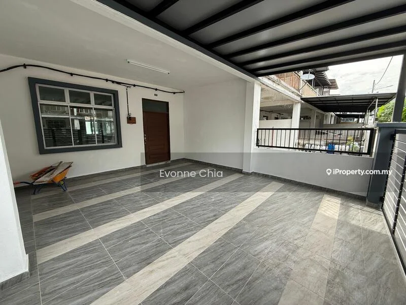 Room features: grey tiled flooring, white painted walls, black metal railing, sliding glass door, large windows, overhead lighting, exposed ceiling beams, door with wood finish; style: modern.