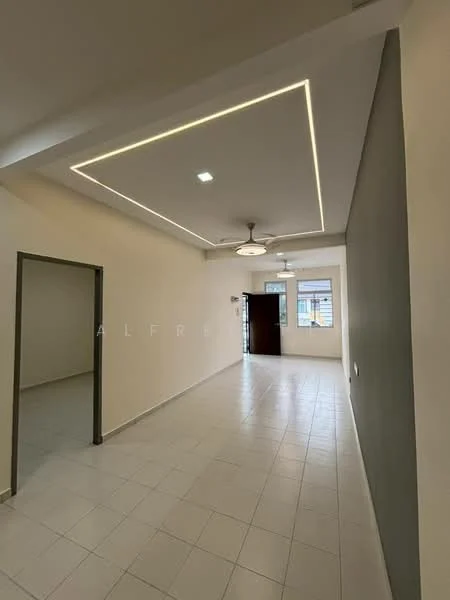Living features: white painted walls, grey accent wall, tile flooring, tray ceiling with LED lighting, 5-blade ceiling fan, recessed downlights, window with sheer curtains, door leading to outside; style: modern.