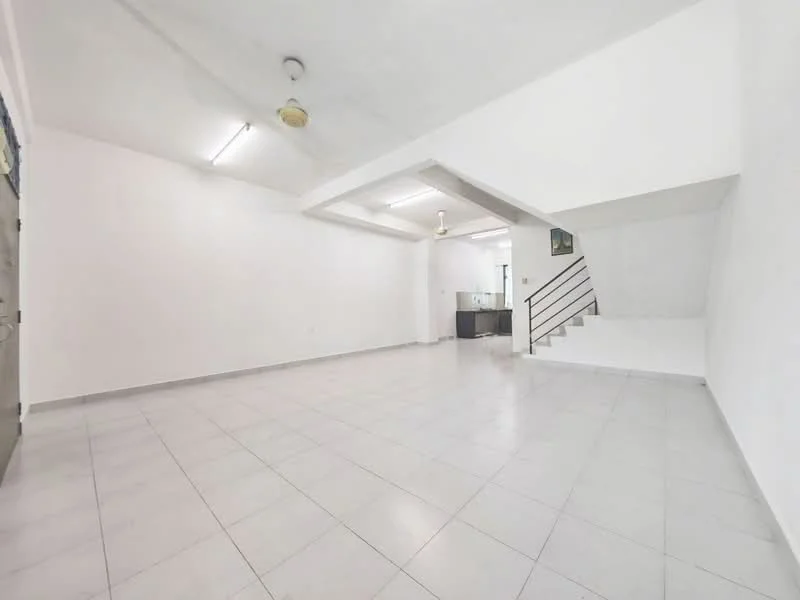 Room features: white painted walls, tile flooring, ceiling fan, recessed downlights, staircase with metal railing, open layout, large windows, neutral color scheme; style: modern.