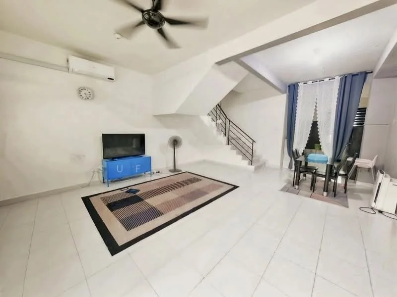 Living features: white painted walls, tile flooring, 5-blade ceiling fan, wall-mounted TV, freestanding TV cabinet, area rug with geometric pattern, large window with sheer curtains, dining table with chairs, staircase with metal railing; style: modern.