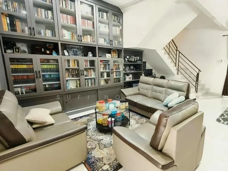 Living features: grey leather sectional sofa, 2-seater leather sofa, glass coffee table, area rug with intricate pattern, built-in shelving unit with books, decorative items on shelves, wall-mounted staircase, white painted walls, recessed lighting, large windows with curtains; style: modern.