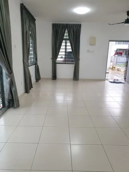 Living features: white painted walls, glossy ceramic tile flooring, floor-to-ceiling windows, grey curtains, ceiling fan, recessed ceiling light, neutral color scheme, spacious layout; style: modern.