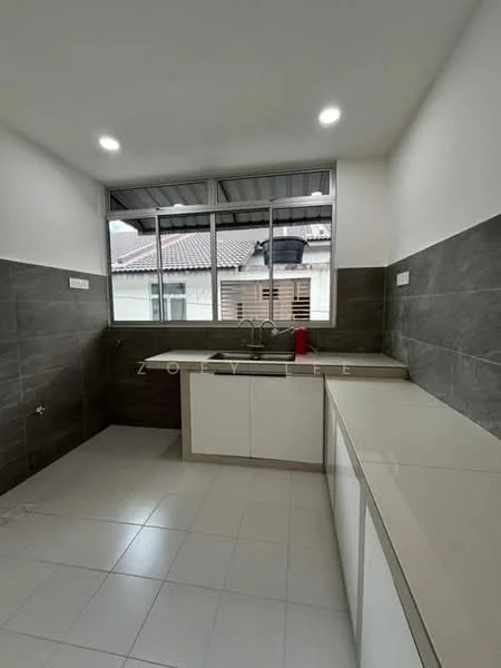 Kitchen features: white cabinetry, grey tiled backsplash, white countertop, single-bowl stainless-steel sink, chrome pull-down faucet, window with grid design, recessed LED downlights, ceramic tile flooring, wall-mounted cabinets, open shelving, kitchen window view; style: modern.