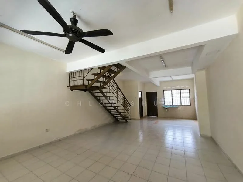 Living features: white painted walls, ceramic tile flooring, exposed ceiling beams, 5-blade ceiling fan, staircase with wooden steps and metal railing, large window for natural light, open layout, neutral color scheme; style: minimalist.