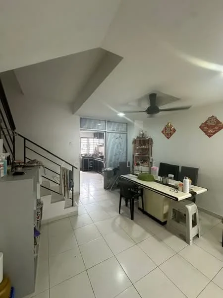 Dining features: white walls, tile flooring, 5-blade ceiling fan, dining table with chairs, open layout to kitchen, staircase leading to upper floor, glass sliding door, decorative wall hangings; style: modern. Kitchen features: black cabinetry, stainless-steel appliances, tile flooring, window for natural light; style: modern.