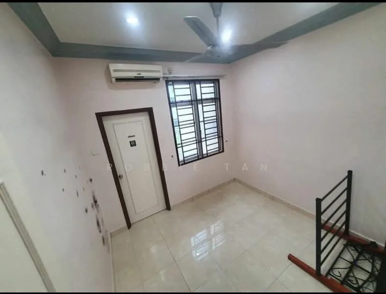 Room features: cream painted walls, white ceiling, 5-blade ceiling fan, 1 wall-mounted split AC, glossy tile flooring, window with horizontal bars, door with panel design, metal bed frame, unfurnished space; style: modern; view: garden.