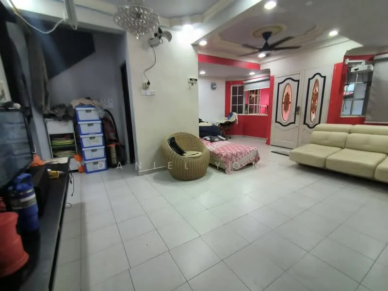 Living features: white painted walls, cream tiled flooring, recessed downlights, 5-blade ceiling fan, sofa in cream color, coffee table, TV console, wall-mounted TV, decorative wall with red accents, large windows with sheer curtains, bean bag chair, open layout; style: modern.