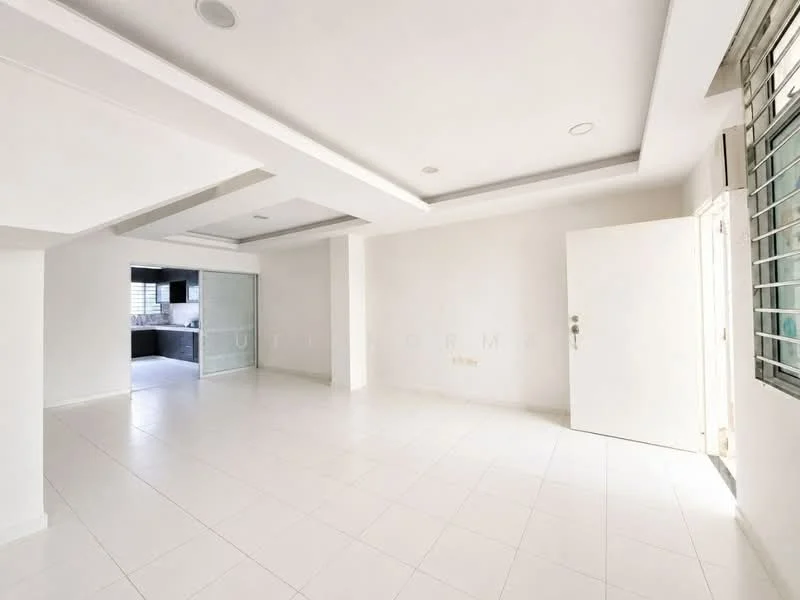 Room features: white painted walls, white ceiling, recessed downlights, large sliding glass door, tile flooring, open layout, corner windows, neutral color scheme; style: modern.