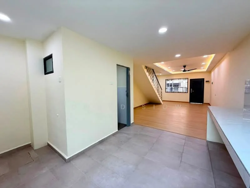 Room features: light beige painted walls, grey tiled flooring, white ceiling with recessed lighting, open layout, staircase with metal railing, window with black frame, door with grey finish, natural light from windows; style: modern.