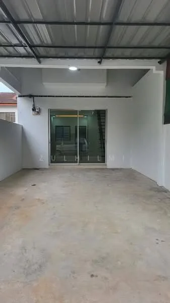 Exterior features: concrete flooring, white painted walls, metal roof, large sliding glass door, staircase visible in background, overhead lighting; style: modern.