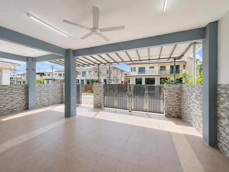 Exterior type: linked terrace house; features: covered porch area, grey painted columns, sliding gate, stone cladding on walls, tiled flooring, ceiling fan, open space, surrounded by greenery, front yard view, natural light from large openings; style: modern.