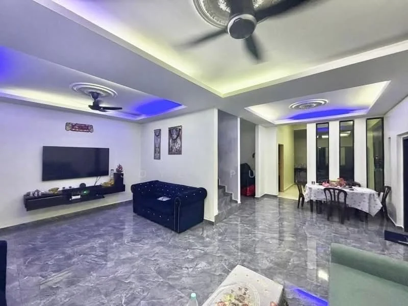 Living features: grey marble flooring, white painted walls, tray ceiling with recessed lighting, 5-blade ceiling fan with light, wall-mounted TV, black TV console, blue accent lighting, decorative wall art, large windows, dining table with chairs, staircase leading to upper floor; style: modern.