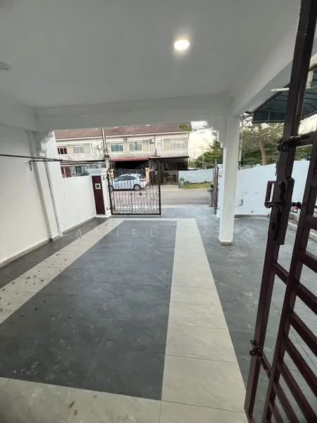 Exterior type: linked terrace house; features: grey tiled flooring, white painted walls, metal gate, open space, front yard, street view, fenced perimeter, outdoor lighting; style: modern.