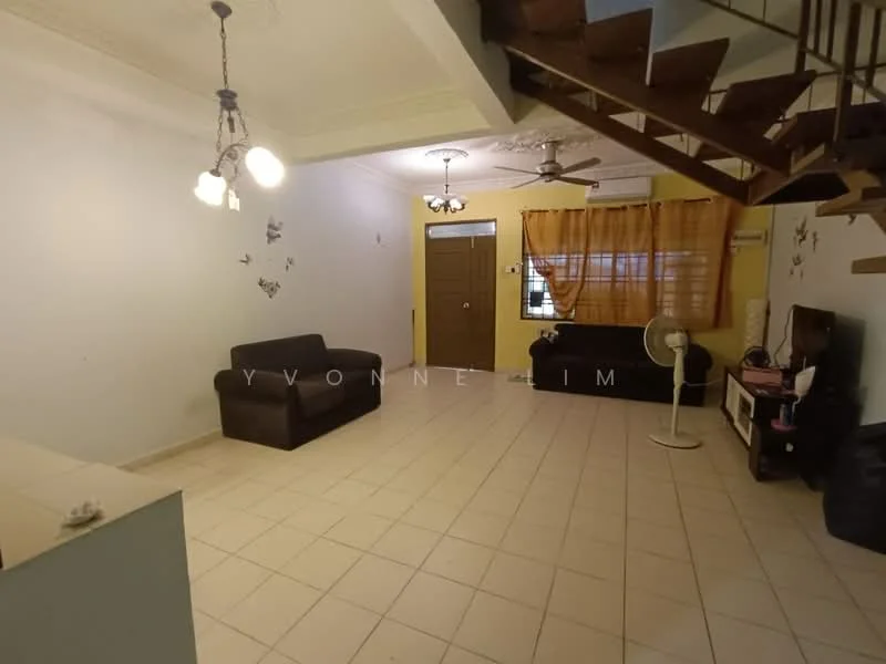 Living features: white painted walls, cream tiled flooring, 5-blade ceiling fan, 3-seater fabric sofa in dark brown, 2-seater fabric sofa in dark brown, wall-mounted TV, TV console, decorative wall butterflies, window with sheer curtains, air conditioning unit, floor fan, staircase with wooden steps; style: modern.