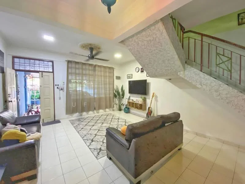 Living features: 3-seater leather sofa, area rug with geometric pattern, wall-mounted TV, TV console, ceiling fan, white painted walls, tile flooring, large window with sheer curtains, decorative wall art, indoor plants, staircase with metal railing; style: modern.