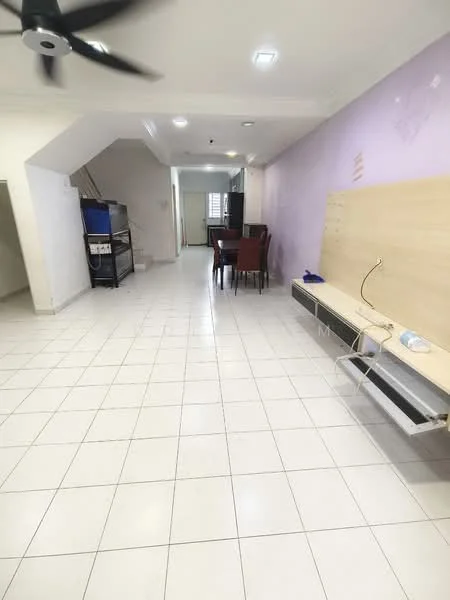 Living features: white painted walls, light purple accent wall, ceramic tile flooring, 5-blade ceiling fan, recessed downlights, dining table with chairs, TV console, open layout, staircase visible, wall-mounted electrical outlet; style: modern.