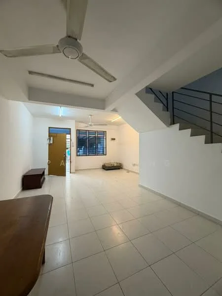 Living features: white painted walls, tile flooring, 5-blade ceiling fan, large window with grid pattern, staircase leading to upper floor, wooden dining table, door leading to exterior, wall-mounted light fixture; style: minimalist.