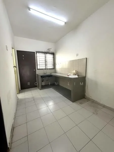 Kitchen features: grey laminate countertop, single-bowl stainless-steel sink, chrome pull-down faucet, wall-mounted cabinet, white tiled backsplash, white painted walls, white ceramic tile flooring, window with metal grille, door leading outside, fluorescent ceiling light; style: modern.