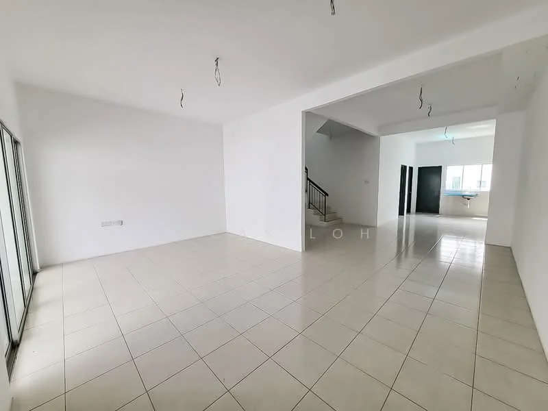 Living features: white painted walls, ceramic tile flooring, floor-to-ceiling windows, sliding glass door, recessed ceiling lights, open layout, neutral color scheme, no visible furniture; style: modern. Dining features: white painted walls, ceramic tile flooring, open layout, neutral color scheme, no visible furniture; style: modern.