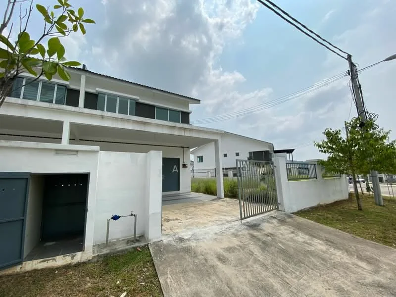 Exterior type: semi-detached house; features: white painted facade, flat roof, double-volume car porch, manicured lawn, paved driveway, metal gate, surrounded by greenery, exterior lighting, concrete pathway; style: modern.