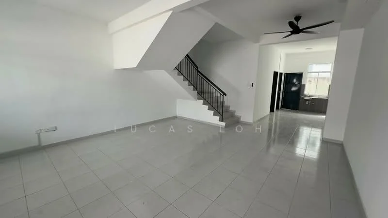 Living features: white painted walls, grey tiled flooring, ceiling fan, staircase with metal railing, large windows for natural light, open layout, no visible furniture, neutral color palette; style: modern. Kitchen features: dark cabinetry, countertop, sink, appliances not visible; style: modern.