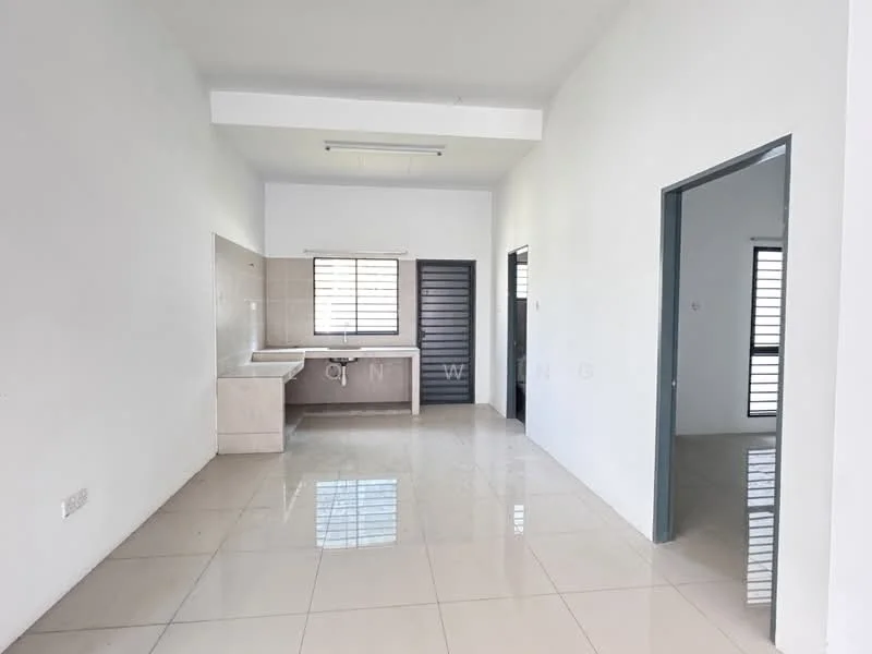 Kitchen features: white painted walls, glossy tile flooring, single-bowl sink, wall-mounted cabinets, countertop with backsplash, window with horizontal slats, fluorescent ceiling lights; style: modern. Room features: white painted walls, glossy tile flooring, doorway leading to another room, window with horizontal slats.