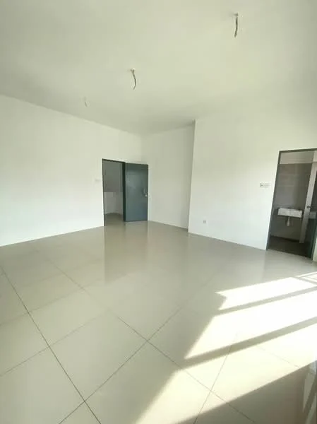 Room features: white painted walls, glossy ceramic tile flooring, two doors leading to other rooms, natural light from windows, no visible furniture or decor, high ceiling, neutral color scheme, minimalist design; style: minimalist.
