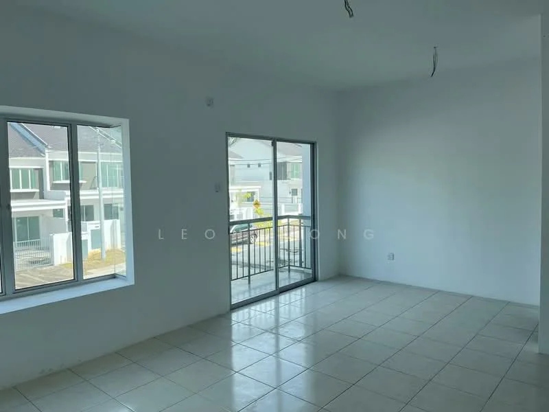 Room features: white painted walls, tile flooring, floor-to-ceiling windows, sliding glass door, balcony access, natural light, no visible furniture, minimalist design; style: modern; view: garden.