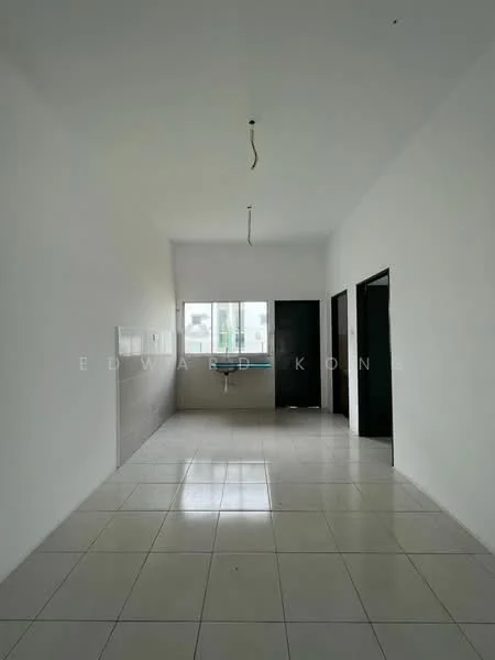 Room features: white painted walls, tile flooring, single window, sink, two doorways, ceiling with exposed wiring, neutral color scheme; style: modern.