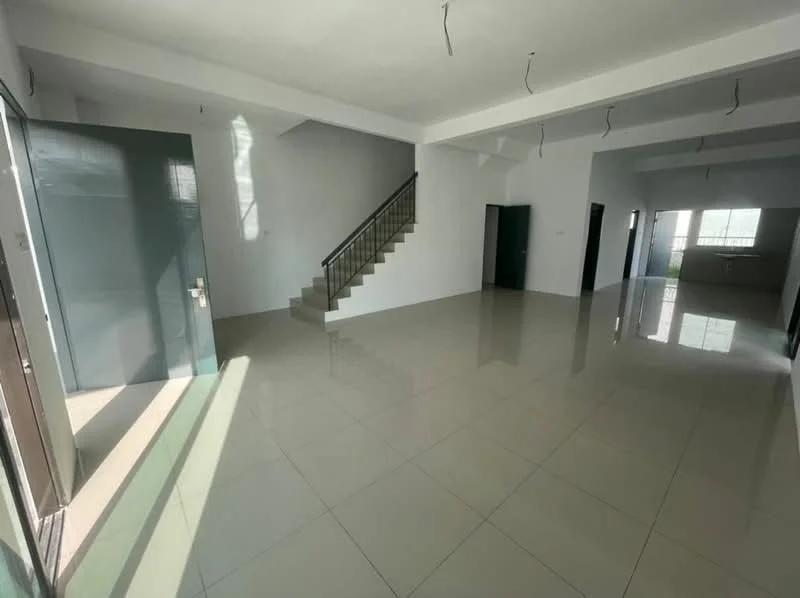 Room features: white painted walls, glossy ceramic tile flooring, large windows allowing natural light, staircase leading to upper level, open layout, high ceiling, no visible furniture, minimalist design; style: modern.