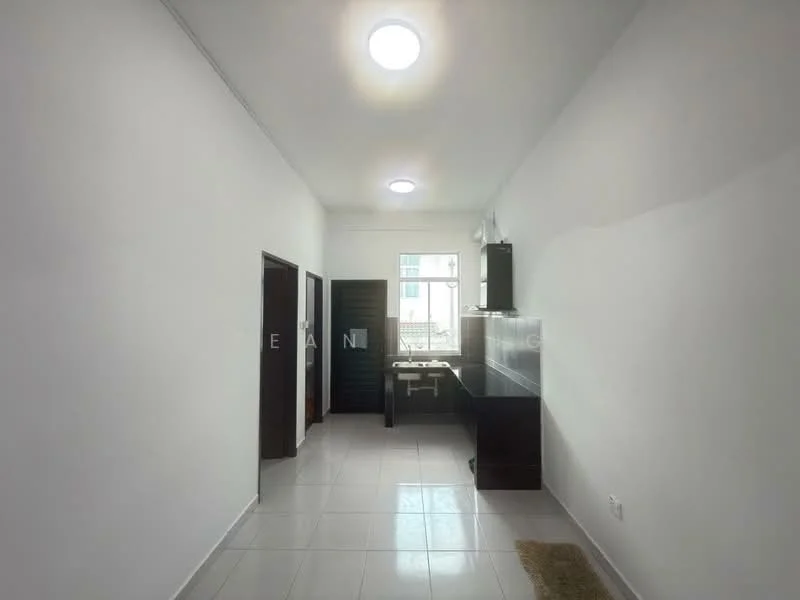 Room features: white painted walls, glossy tile flooring, recessed ceiling lights, kitchen cabinetry, stainless-steel sink, window with natural light, doorway leading to another room, open layout; style: modern.