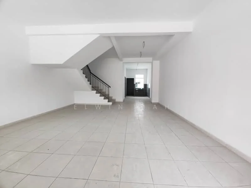 Room features: white painted walls, tile flooring, staircase with metal railing, open layout, large windows, ceiling lights, neutral color scheme, spacious area; style: modern.