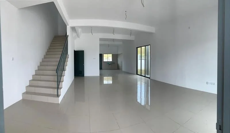 Living features: white painted walls, polished ceramic tile flooring, exposed ceiling beams, large glass sliding doors, natural light from windows, open layout, staircase with glass railing, recessed lighting; style: modern. Kitchen features: open kitchen layout, white cabinetry, countertop (material not visible), kitchen island (not fully visible); style: modern.