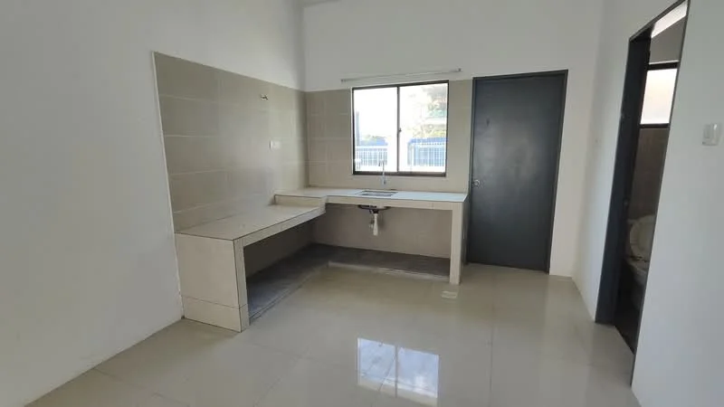 Laundry features: white tiled walls, light grey tiled flooring, single-bowl sink, countertop with storage, window with view, door leading to another room; style: modern.