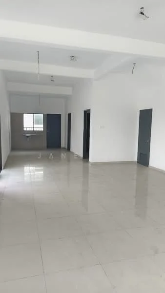 Room features: white painted walls, polished ceramic tile flooring, tray ceiling, multiple ceiling lights, large window, grey doors, open layout, no visible furniture; style: modern.