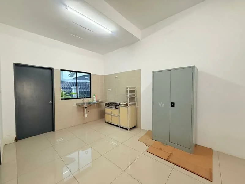 Laundry features: white painted walls, glossy tile flooring, single-bowl stainless-steel sink, chrome faucet, kitchen cabinetry with countertop, grey storage cabinet, window with view to exterior, fluorescent ceiling lights; style: modern.