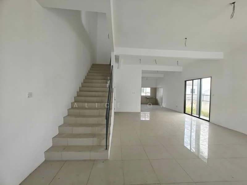 Living features: white painted walls, tile flooring, staircase with metal railing, large windows, open layout, high ceiling, recessed lighting, natural light; style: modern. Kitchen features: open kitchen layout, white walls, tile flooring, counter space, cabinets, plumbing visible, natural light; style: modern.