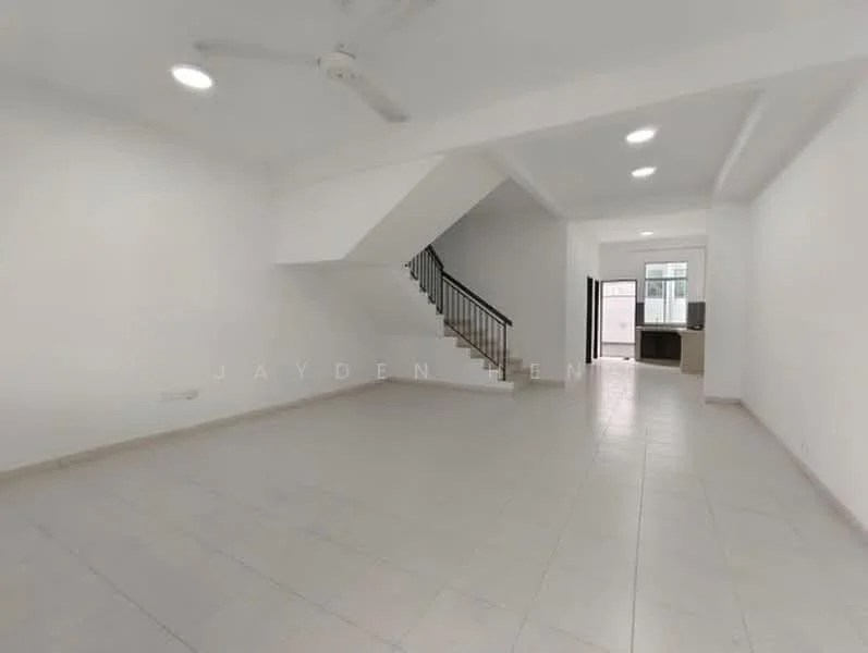 Room features: white painted walls, tile flooring, ceiling fan, recessed downlights, staircase with metal railing, large window for natural light, open layout, door leading to outdoor area; style: modern.