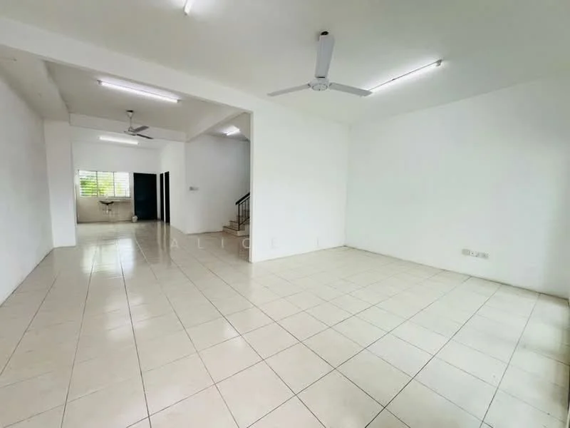 Room features: white painted walls, ceramic tile flooring, 2 ceiling fans, large windows, staircase visible, open layout, bright lighting, neutral color scheme; style: modern; view: garden.