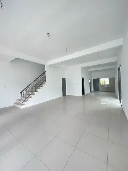 Living features: white painted walls, polished ceramic tile flooring, staircase with metal railing, recessed ceiling lights, large windows, open layout, neutral color scheme, high ceiling; style: modern. Kitchen features: white painted walls, polished ceramic tile flooring, open layout, large window; style: modern.